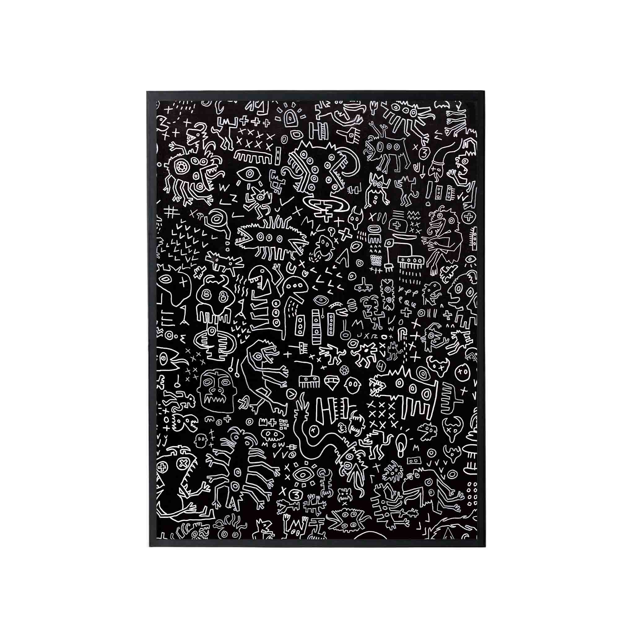 Cuadro Fine Art "ABORÍGEN 2" del artista Juan José Alonso (JJART) enmarcado en madera negra. Arte contemporáneo chileno para decoración.